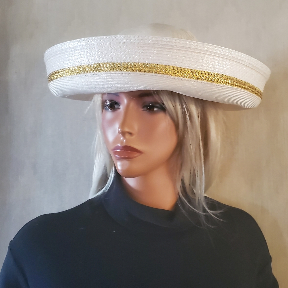 Vintage Louis Feraud White Gold Wide Brimmed Designer Hat Wedding Church